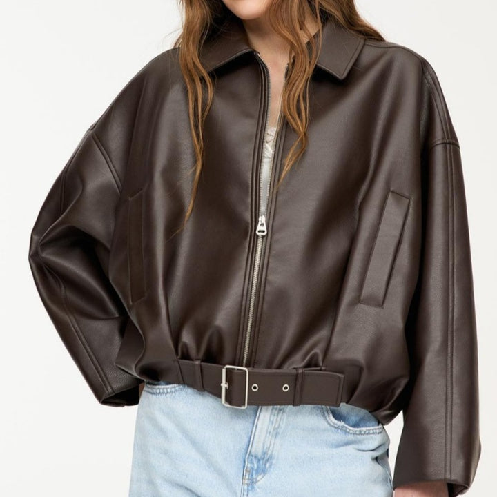 Women Oversized Leatherette Blouson with Waist Belt Mune Fashion