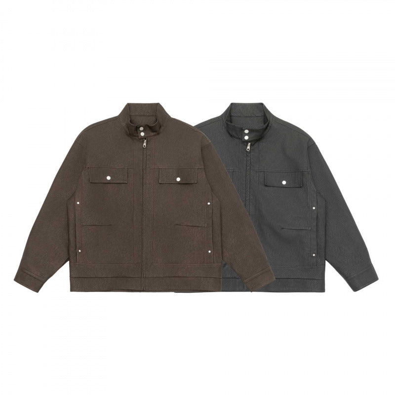 Unisex Boxy Shirt Jacket in Worker Style with Stand Collar, Front Zipper and Flap Pockets Mune Fashion