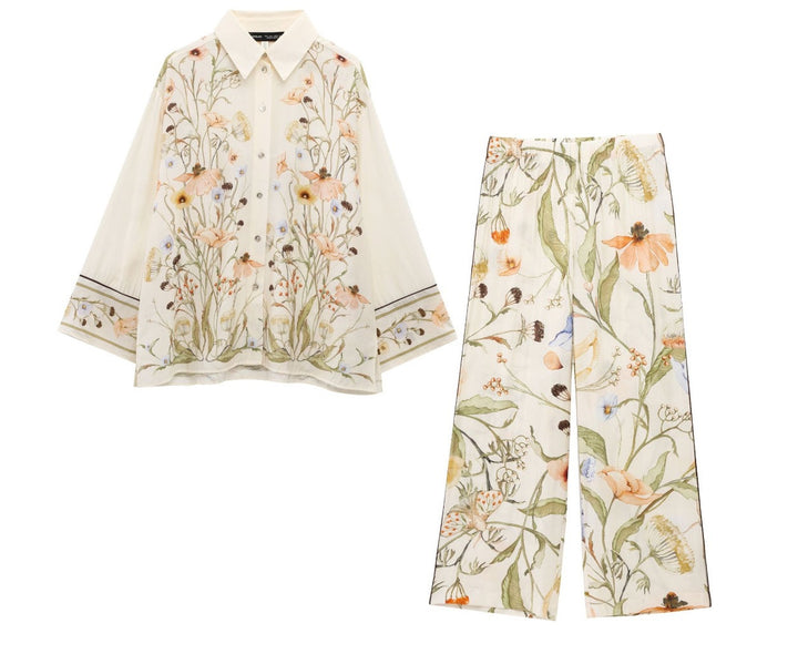 Women's wide linen pants with high waist, palazzo cut and floral watercolor print Mune Fashion