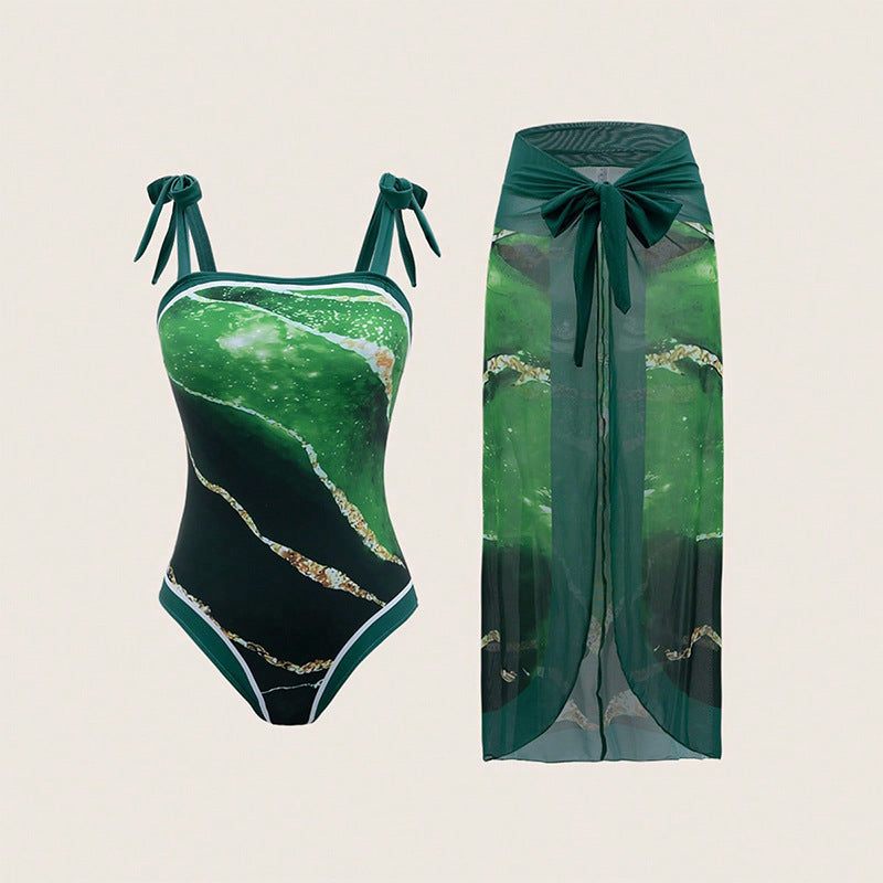 Women One-Piece Swimsuit with Transparent Wrap Skirt Mune Fashion