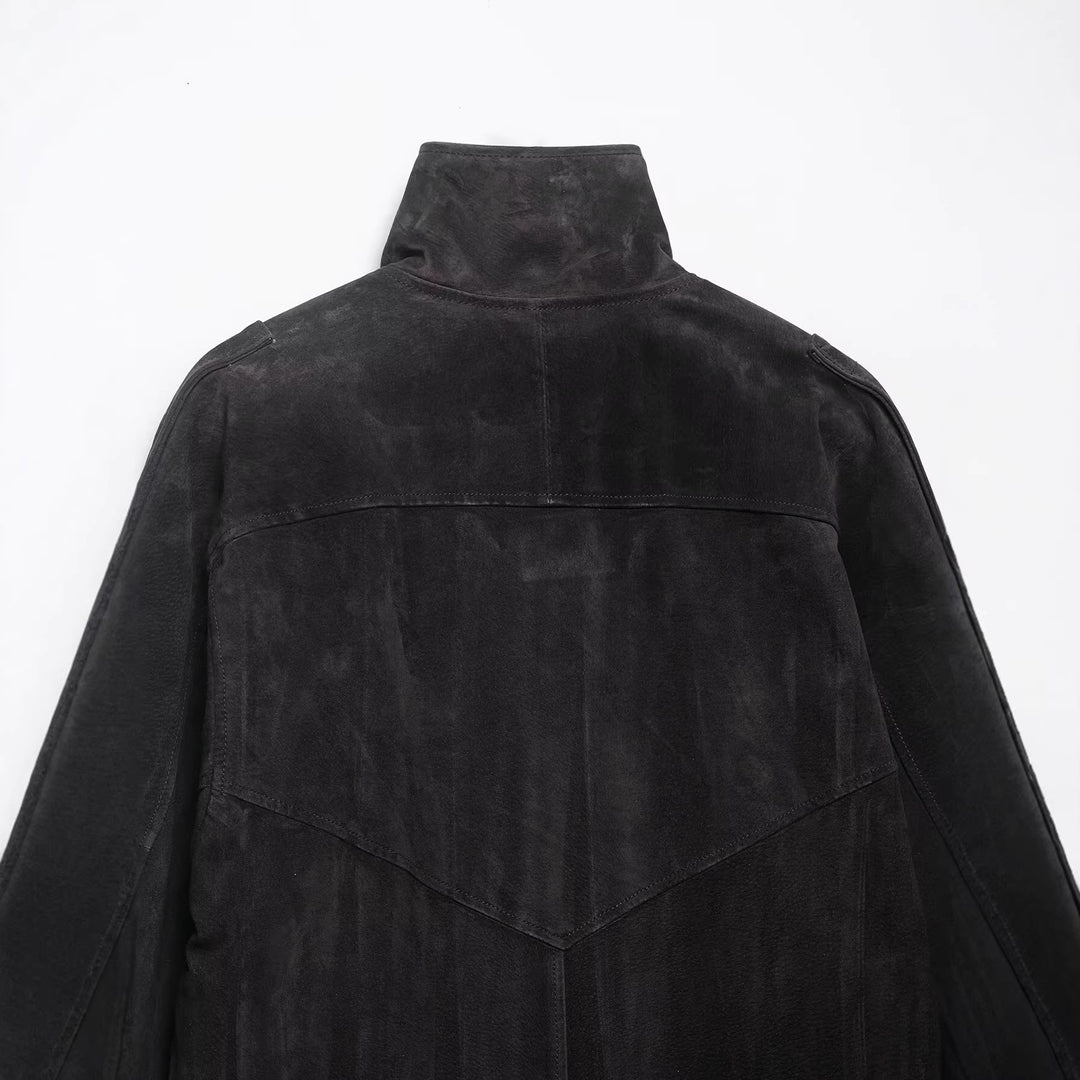 Men's suede jacket with high stand collar, asymmetrical button placket, and elastic hem Mune Fashion