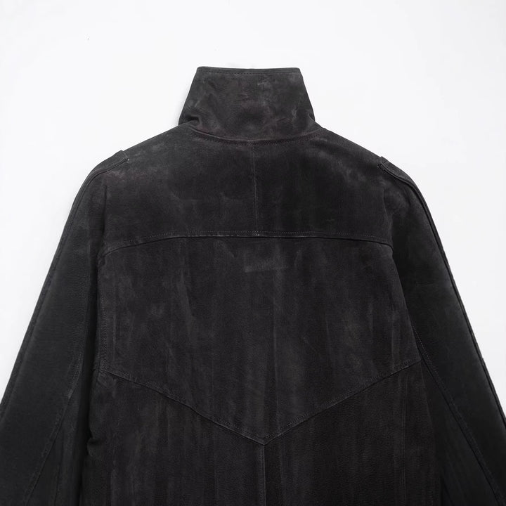 Men's suede jacket with high stand collar, asymmetrical button placket, and elastic hem Mune Fashion