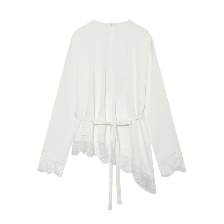 Women's Long Sleeve Shirt with Asymmetrical Hem and Lace Trim Mune Fashion