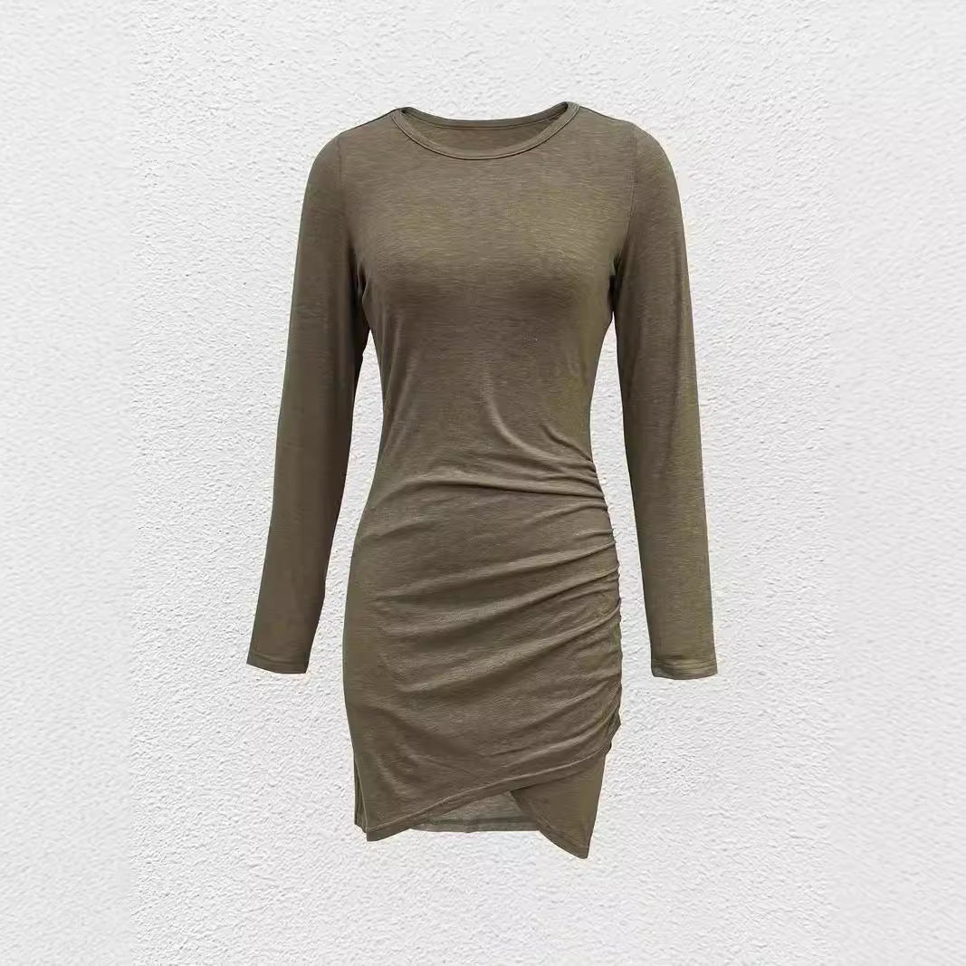 Women Long Sleeve Wrap Look Tulip Dress with Side Pockets Mune Fashion