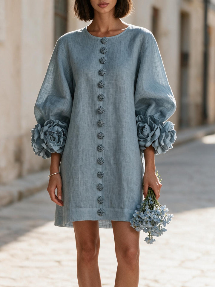 Ladies short dress made of linen with voluminous balloon sleeves and 3D flower cuffs Mune Fashion