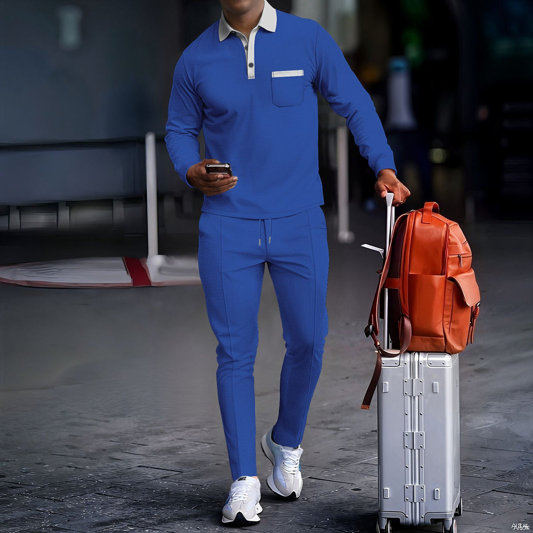 Men's travel set made of structured jersey with long sleeve polo shirt, chest pocket, and slim fit drawstring pants Mune Fashion