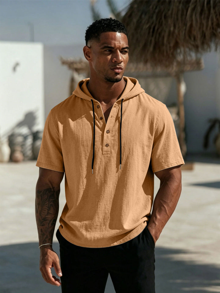 Men's Short Sleeve Hoodie Henley in Linen Look with Button Placket Mune Fashion
