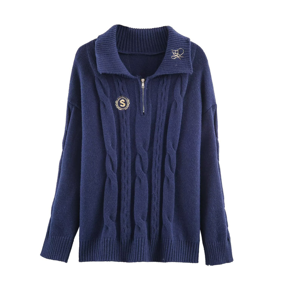 Women's Oversize Cable Knit Pullover with Half Zipper and Shawl Collar Mune Fashion