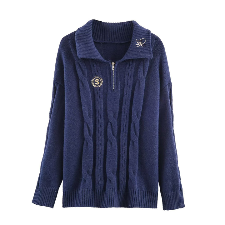 Women's Oversize Cable Knit Pullover with Half Zipper and Shawl Collar Mune Fashion