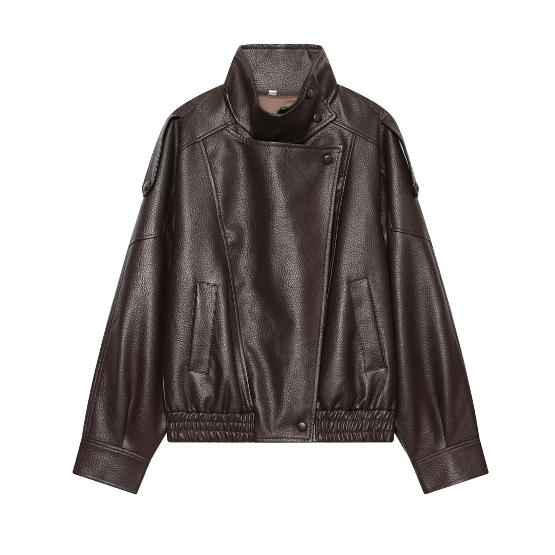 Women's Short Cut Faux Leather Bomber Jacket with Stand-Up Collar and Shoulder Straps Mune Fashion