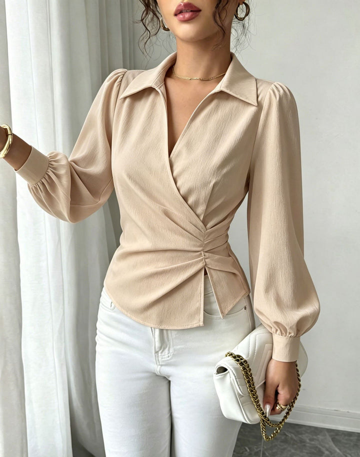 Women’s wrap blouse with waist gathering, shirt collar, and balloon sleeves Mune Fashion