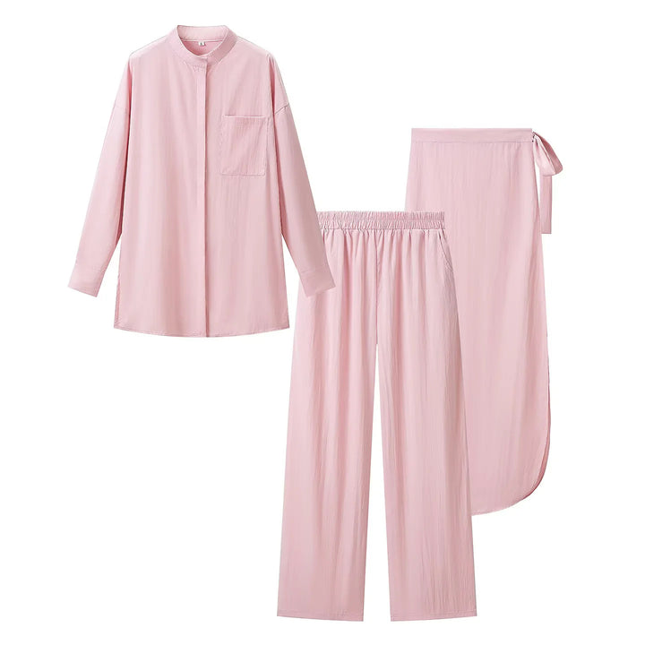 Ladies nan luxurious lounge three-piece set with oversized shirt, elastic waistband pants, and wrap skirt Mune Fashion
