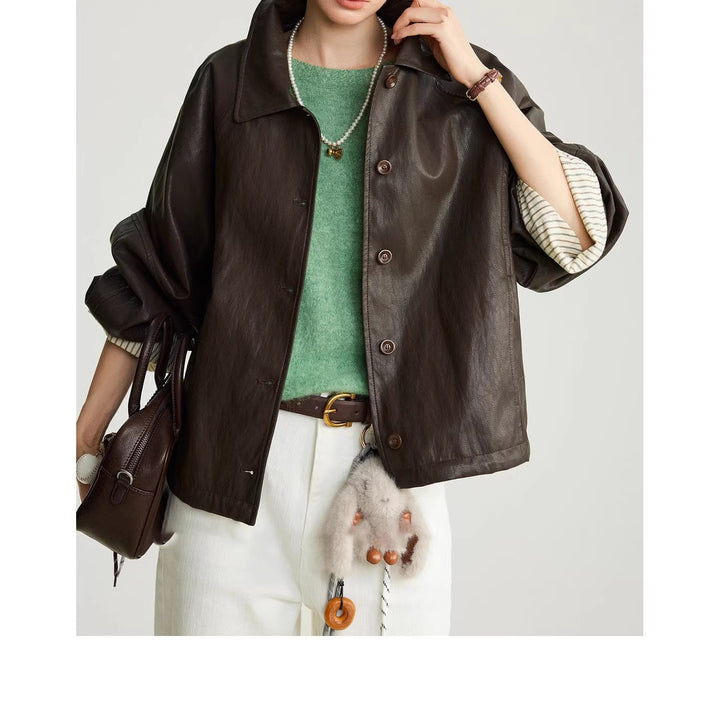Ladies Modern Leather Jacket with Striped Cuffs Mune Fashion