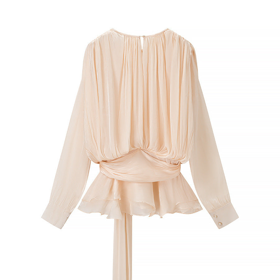 Women's chiffon blouse with draped corset look, ruffled peplum and tie belt Mune Fashion