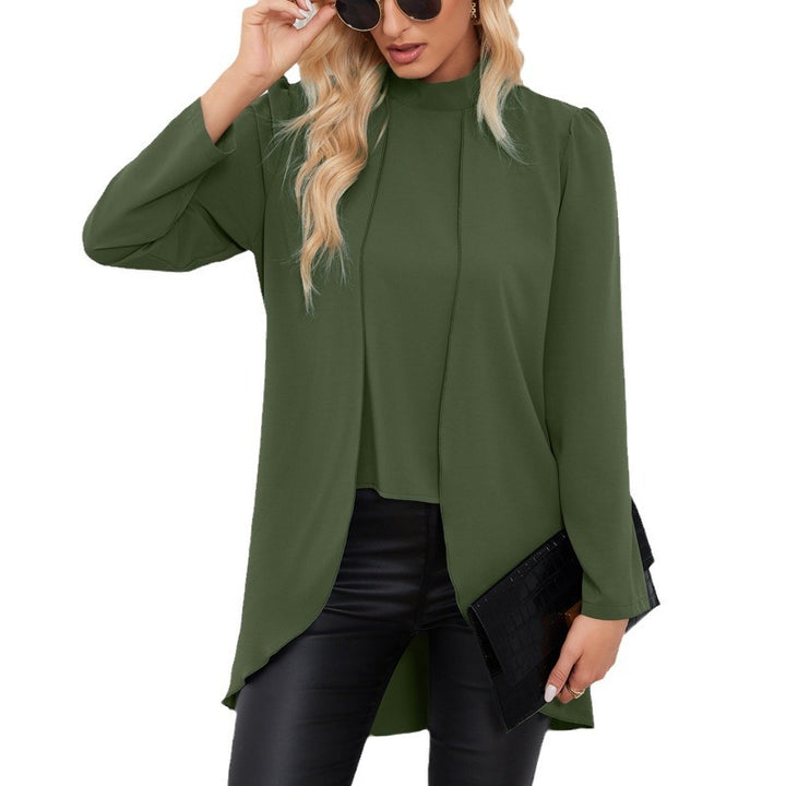 Women Casual Chiffon Blouse with Stand Collar and Extended Peplum Detail Mune Fashion