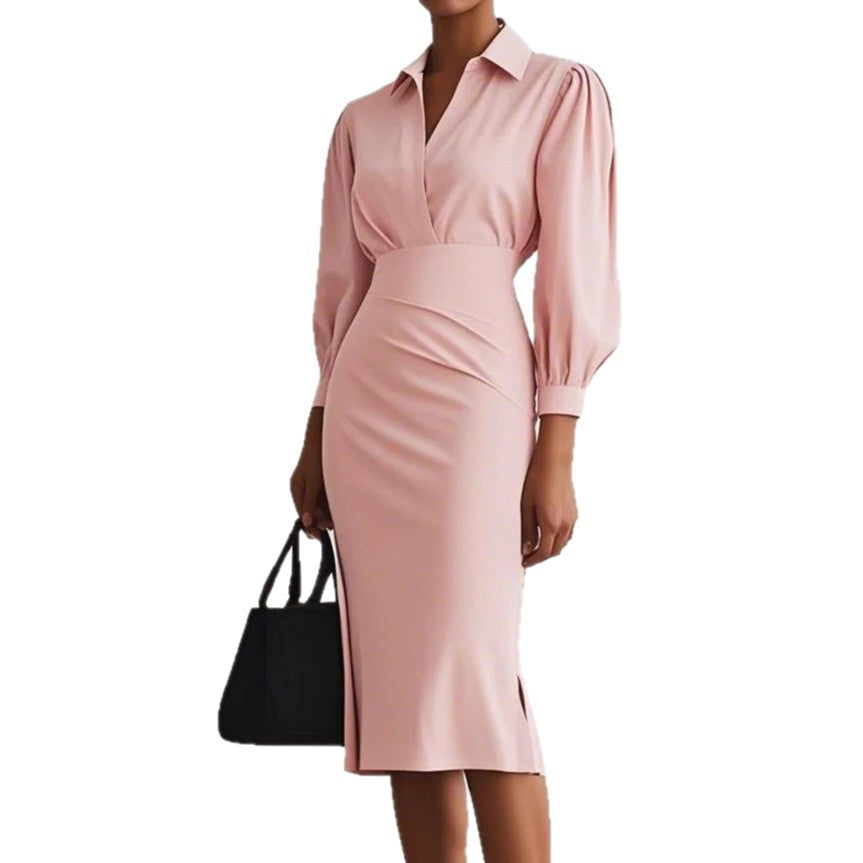 Ladies Elegant Wrap Dress with Sophisticated Collar and Tailored Silhouette Mune