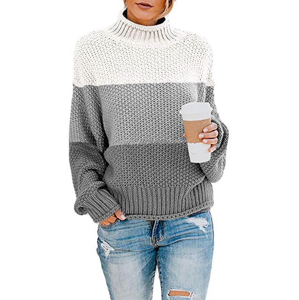 Women's chunky knit turtleneck sweater with oversized cut and block stripe design Mune Fashion