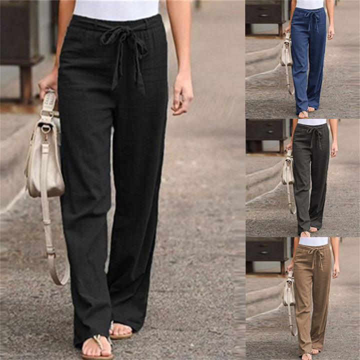 Women's loose linen pants with drawstring waistband, straight leg and side pockets Mune Fashion