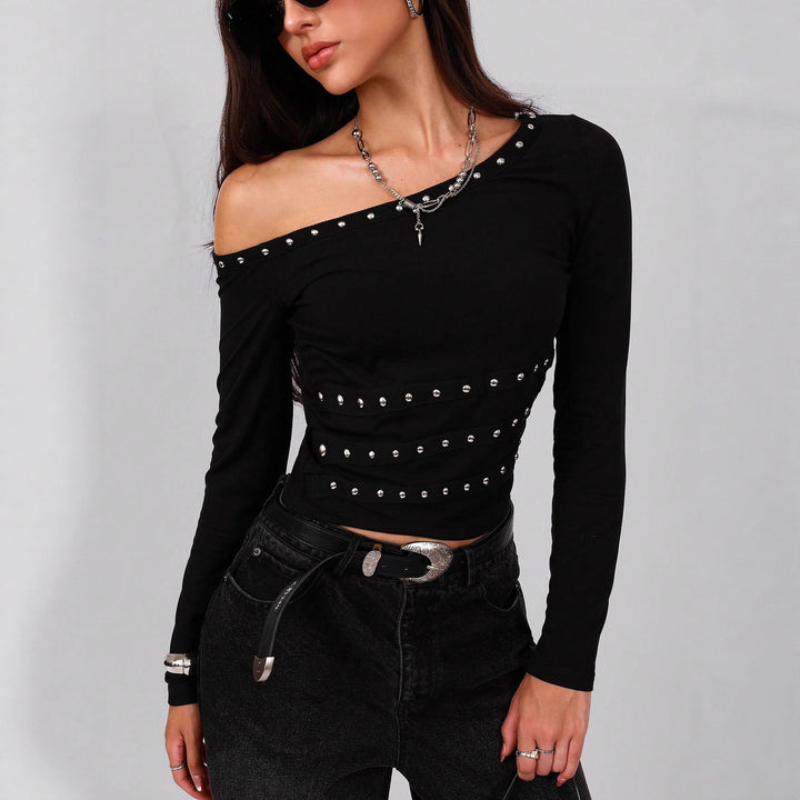 Women's asymmetrical off-shoulder long sleeve shirt with studded trim and fitted cut Mune Fashion