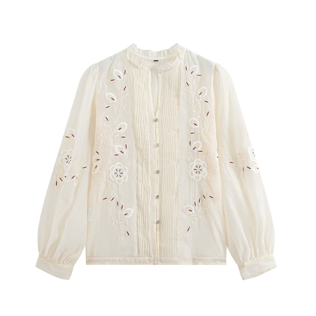 Women Embroidered Chiffon Blouse with Pleated Front and Balloon Sleeves Mune Fashion