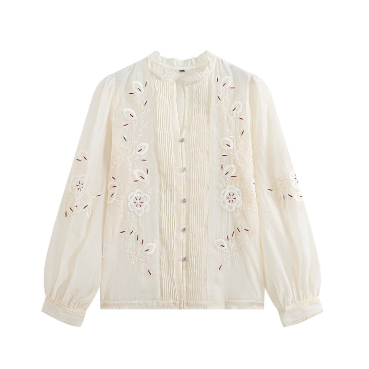 Women Embroidered Chiffon Blouse with Pleated Front and Balloon Sleeves Mune Fashion