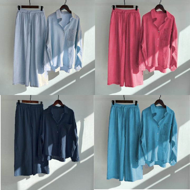 Women's Loose-Fitting Two-Piece Viscose Loungewear Set with Shirt Blouse and Wide Palazzo Pants Mune Fashion