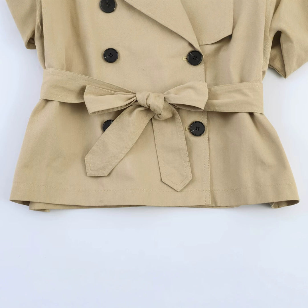 Women's Short Cape Trench with Double Button Placket, Wide Cape Sleeves and Waist Tie Belt Mune Fashion