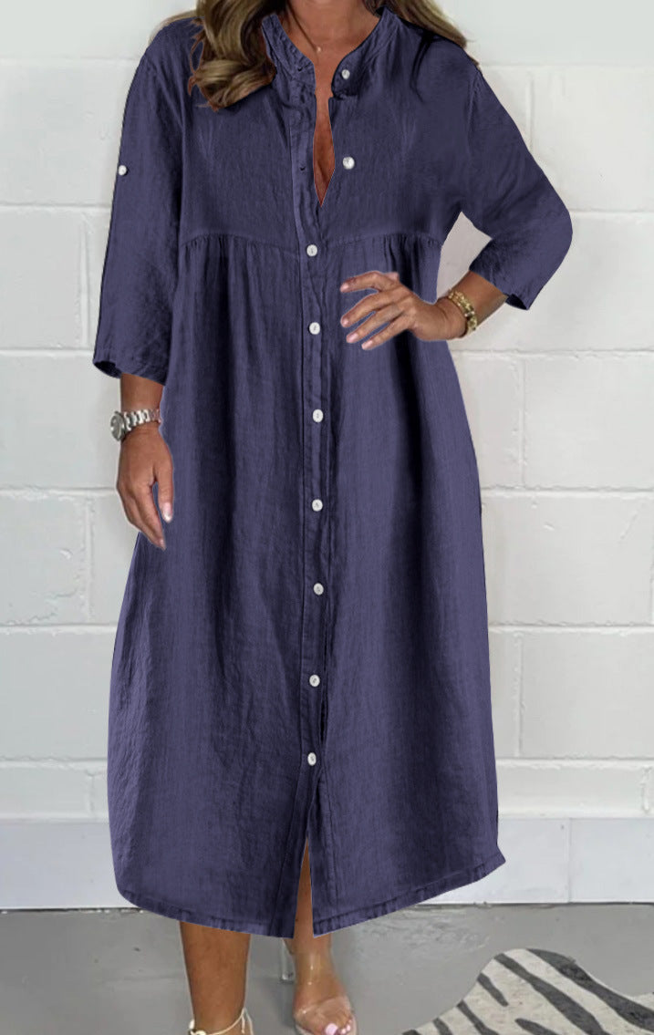 Women Loose Empire Midi Shirt Dress in Linen Look with Stand-Up Collar and 3/4 Sleeves Mune Fashion