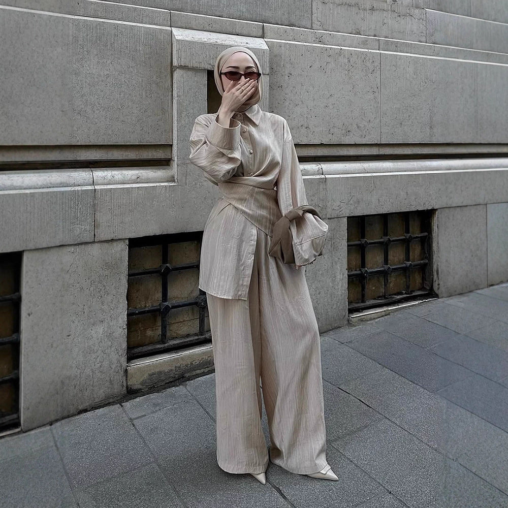 Women's casual tunic set with wrap belt and wide palazzo pants Mune Fashion