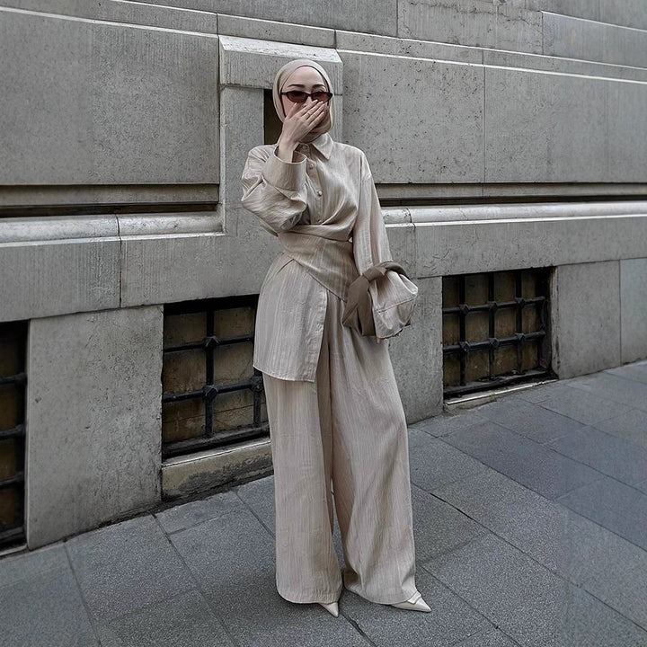 Women's casual tunic set with wrap belt and wide palazzo pants Mune Fashion