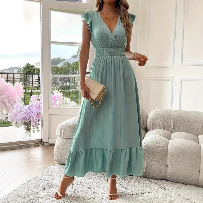 Women's Maxi Dress with Voluminous Ruffled Sleeves and Elegant Waist Mune Fashion