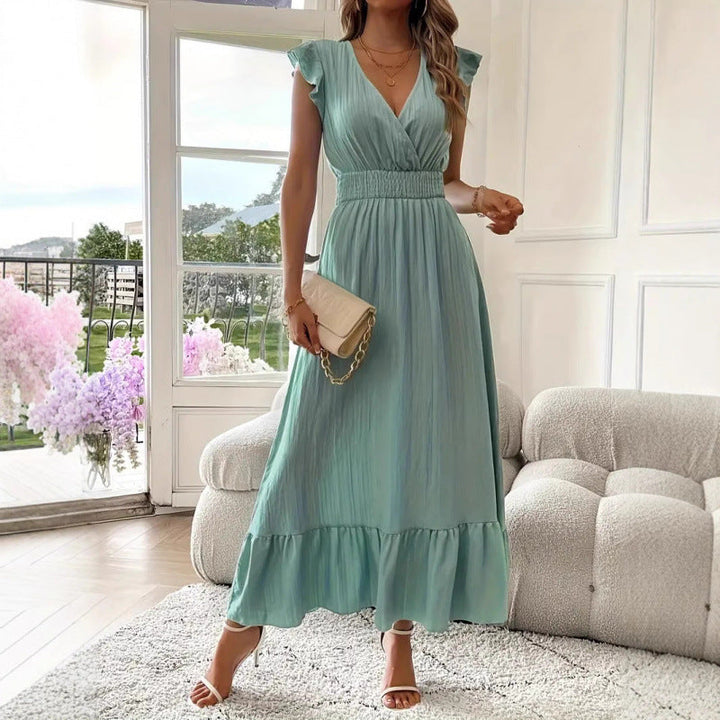 Women's Maxi Dress with Voluminous Ruffled Sleeves and Elegant Waist Mune Fashion