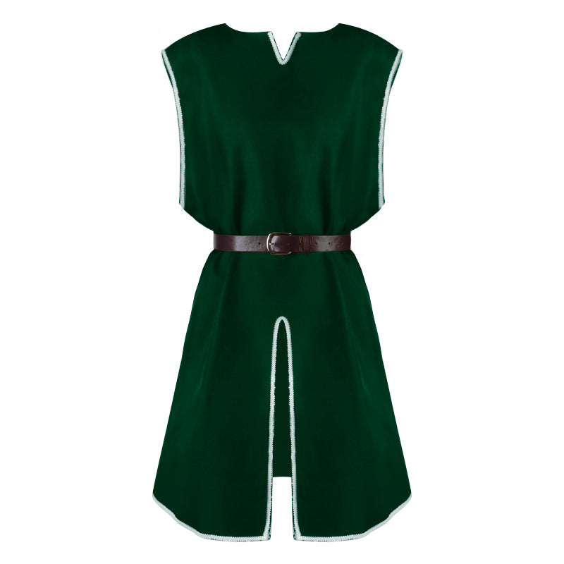 Unisex nan medieval LARP tunic with tailored leather belt, side slits, and decorative border Mune Fashion