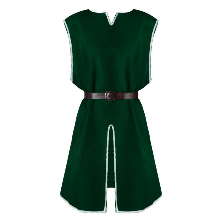 Unisex nan medieval LARP tunic with tailored leather belt, side slits, and decorative border Mune Fashion