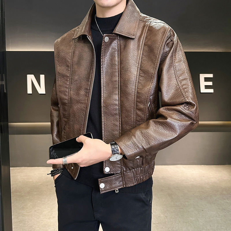 Men's Short Oversized Leather Imitation Blouson with Stand Collar, Zipper and Elastic Hem Mune Fashion