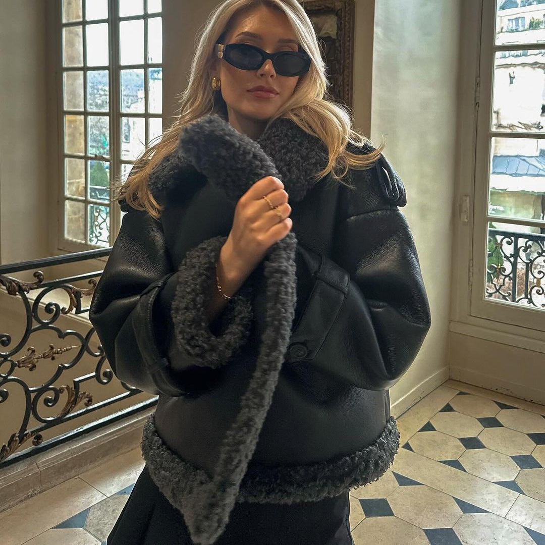 Women Short Flight Jacket Made of Faux Leather with Teddy Fur Collar and Waist Belt Mune Fashion