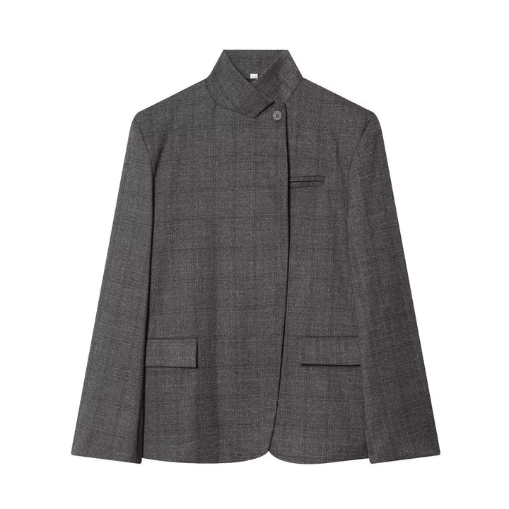 Women's Tailored Checked Blazer with Stand Collar and Concealed Button Placket Mune Fashion