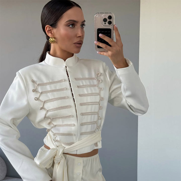 Women Cropped Military Blazer with Stand Collar and Decorative Cord Decoration Mune Fashion