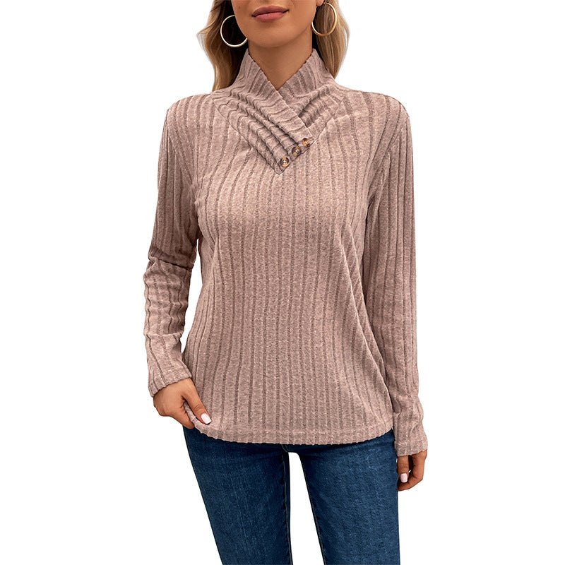 Women's Ribbed Fine Knit Sweater with Overlapping Stand-Up Collar Mune Fashion