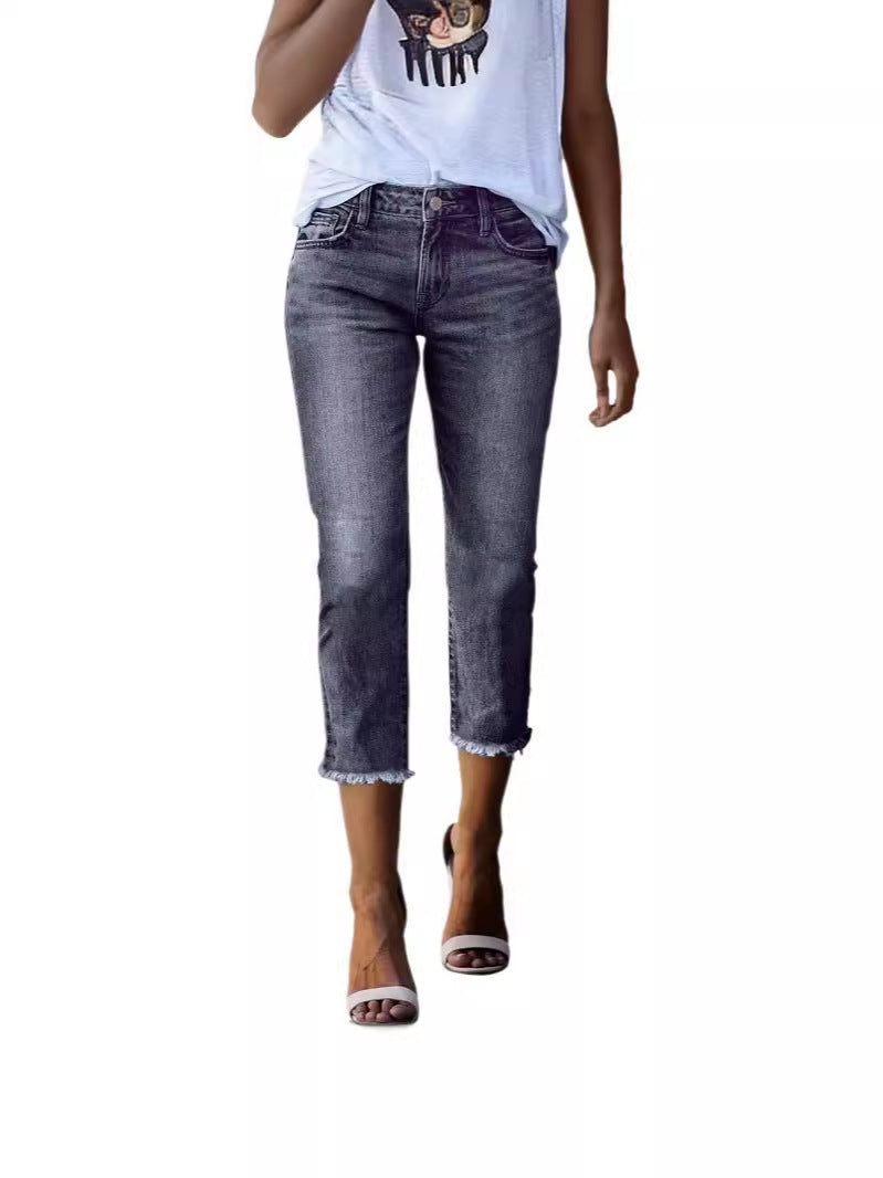 Women’s straight-cut jeans in cropped length with frayed hem Mune Fashion