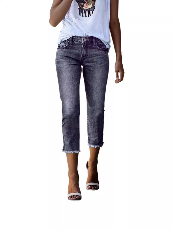 Women’s straight-cut jeans in cropped length with frayed hem Mune Fashion