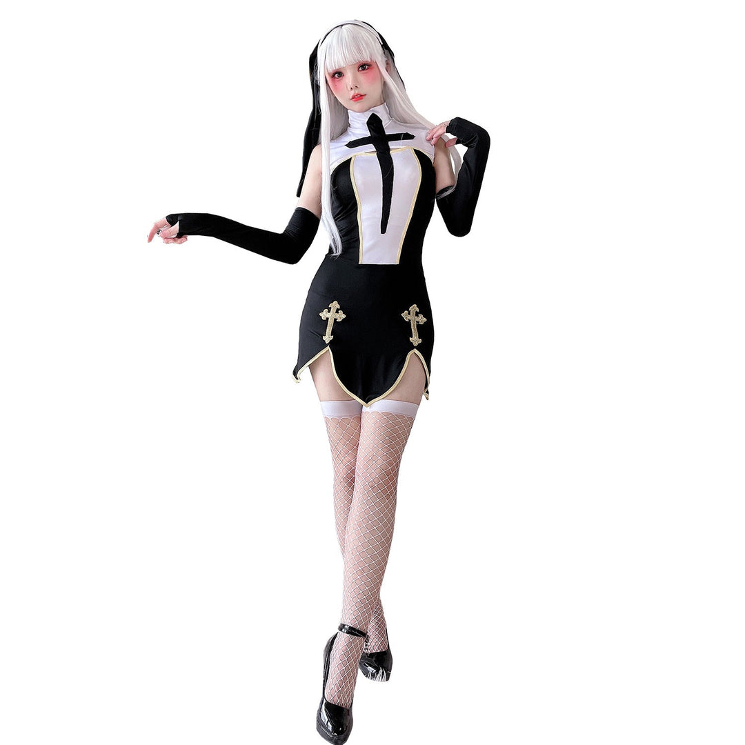 Women's Gothic Mini Dress with Lace Sleeves and Cross Details Mune Fashion