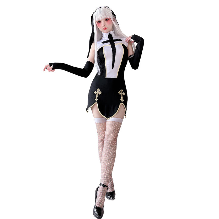 Women's Gothic Mini Dress with Lace Sleeves and Cross Details Mune Fashion