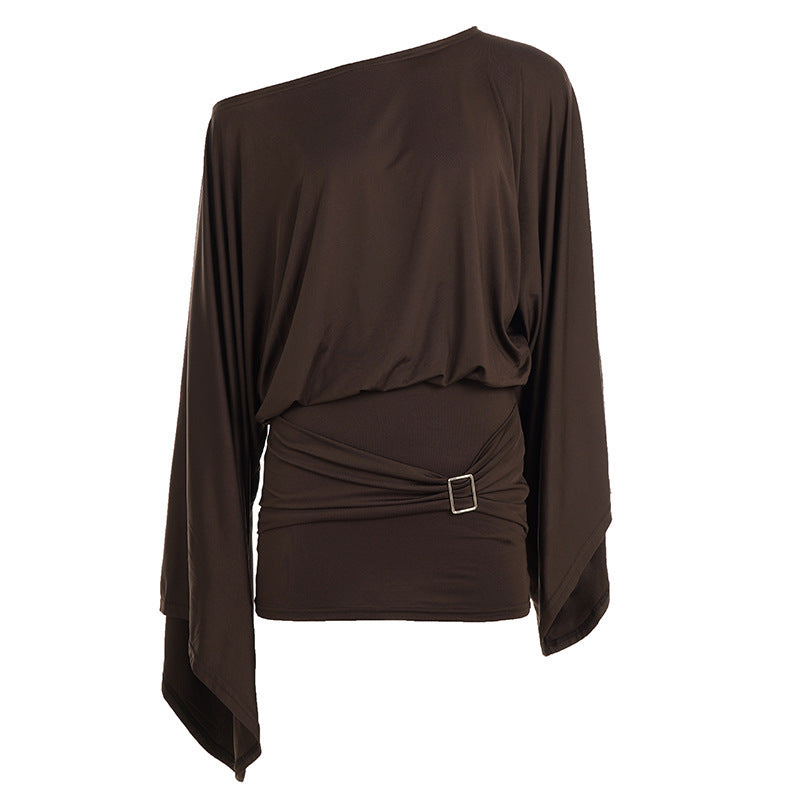 Women's Asymmetrical Draped One-Shoulder Top with Waterfall Sleeves and Waist Belt Mune Fashion