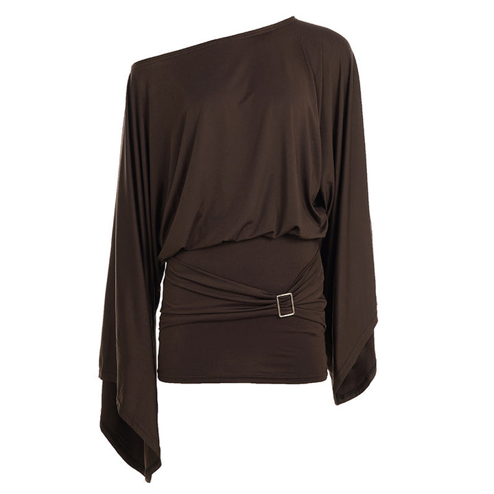 Women's Asymmetrical Draped One-Shoulder Top with Waterfall Sleeves and Waist Belt Mune Fashion
