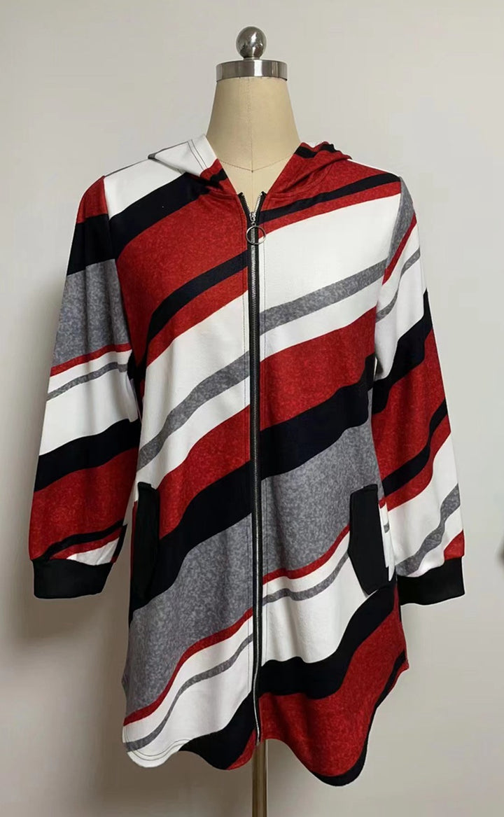 Women's longline hoodie jacket with diagonal stripe pattern, ring zipper and side pockets Mune Fashion