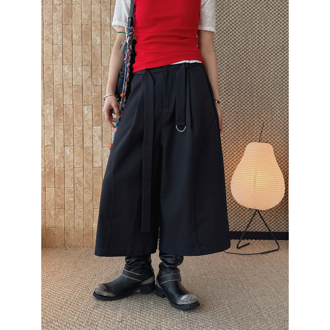 Women Wide High-Waist Pleated Culottes with D-Ring Tie Belt Mune Fashion