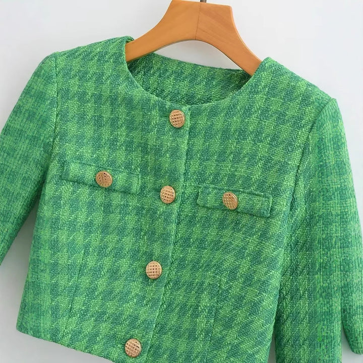 Women's short blazer made of bouclé tweed with a boxy cropped silhouette and collarless design Mune Fashion