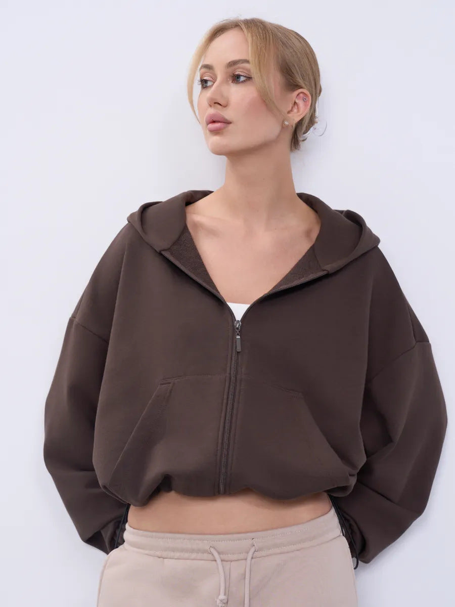 Women's casual cropped fleece hoodie with drawstring waistband, raglan sleeves and zip closure