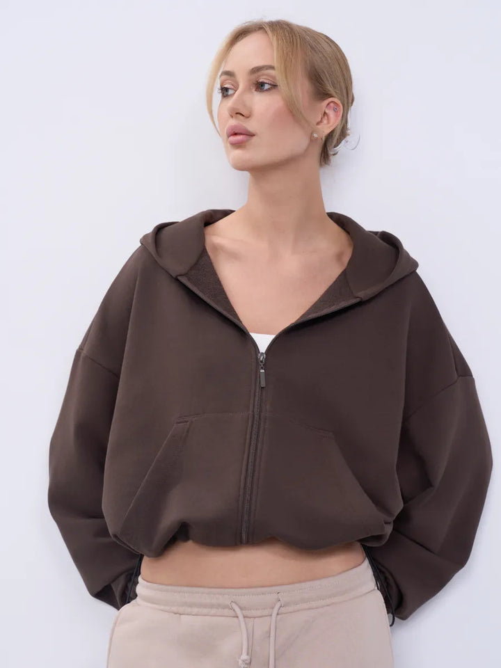 Women's casual cropped fleece hoodie with drawstring waistband, raglan sleeves and zip closure